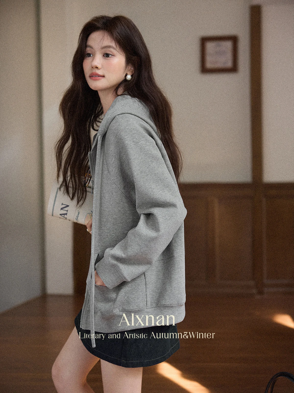 ALXNAN Plus Size Gray Hoodies Double Zipper Women's Sweatshirts Autumn Loose-fit Sports Pockets Casual Long Sleeve Coats D12639