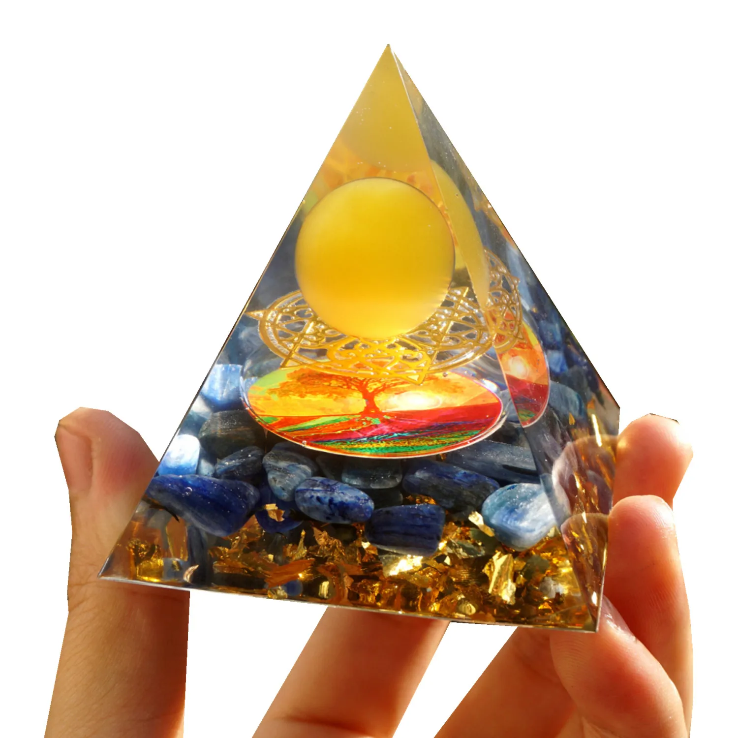 Orgonite Pyramid Yellow Agate Sphere & Kyanite Crystal Orgone Tree Of Life Reiki Symbol Energy Healing Pyramide