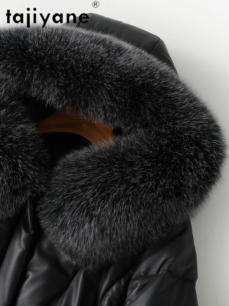 TAJIYANE 100% أعلى الحبوب جلد الغنم أوزة أسفل معطف طويل الجلد الحقيقي سترة منفوخة النساء مع الثعلب الفراء طوق 2025 الملابس الشتوية