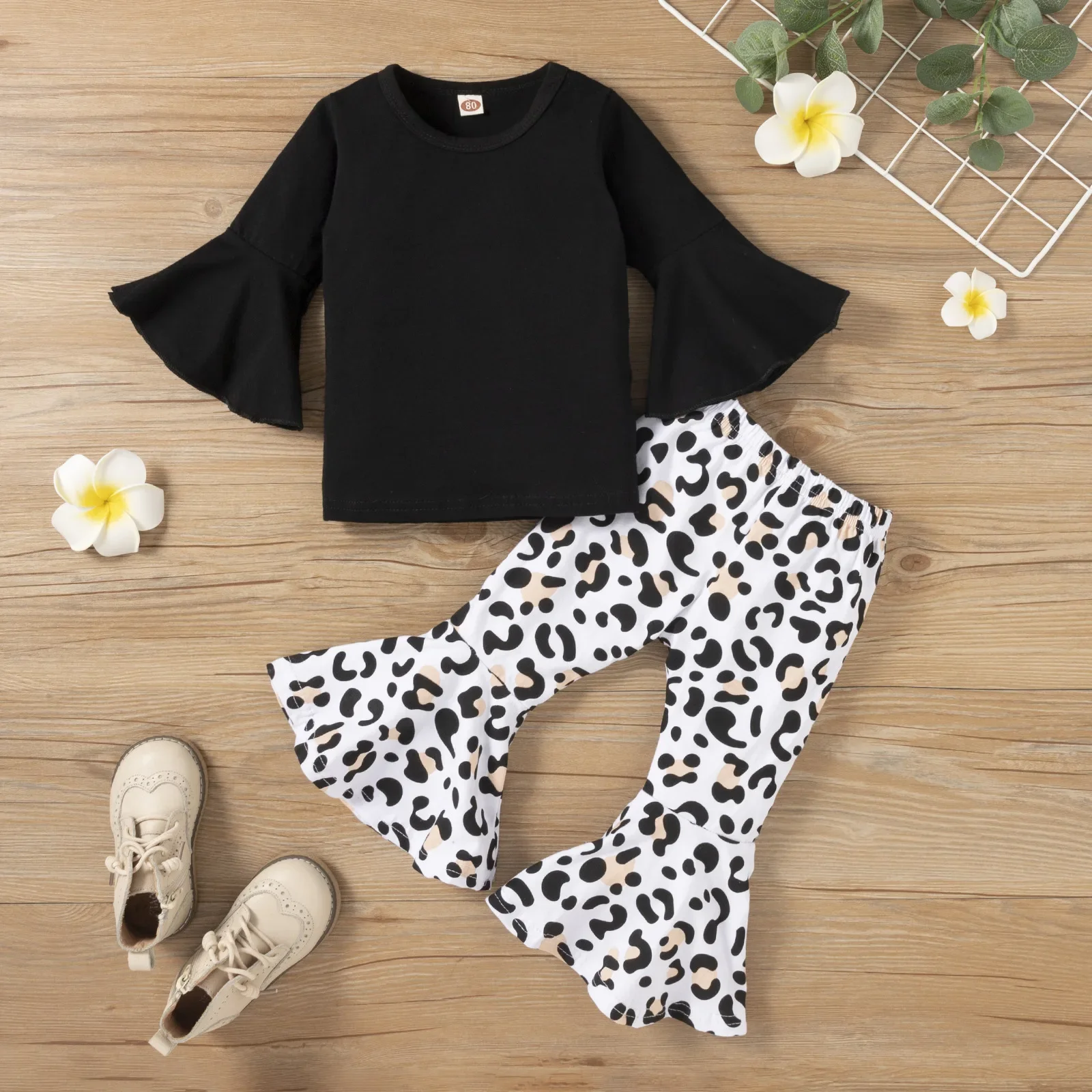 Kid Black Cotton Blend Bell Shaped Flared Sleeve Top Leopard Print Elastic Waist Ruffled Flared Pants Girl Outfit Children Set