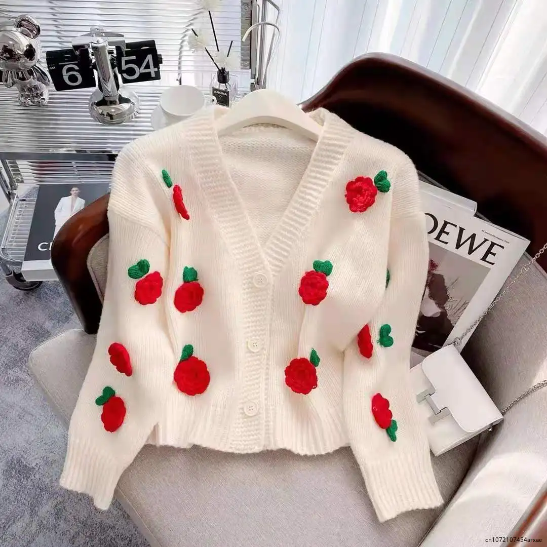 Women\'s Fashion Sweet Faux Fox Fur Short Knitted Coat Autumn Ladies Elegant Rose Flower Fur Knitted Sweater Cardigan