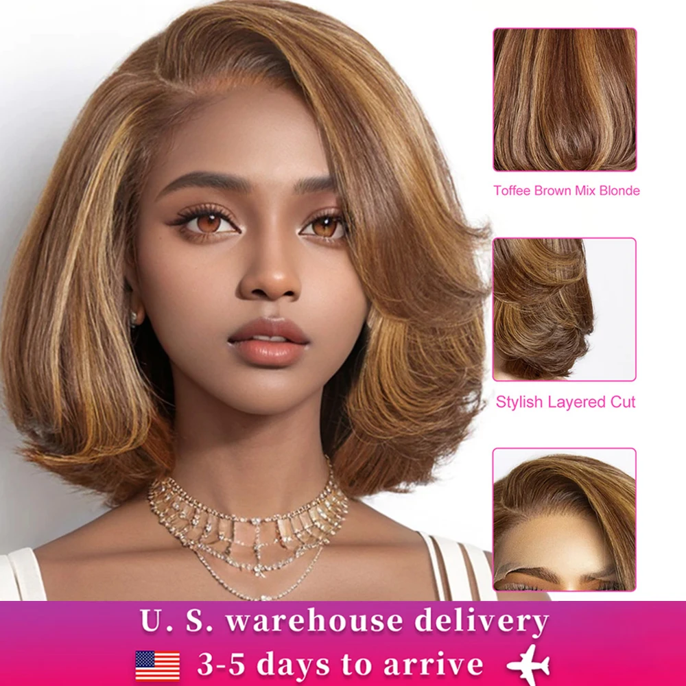 

Toffee Brown Mix Blonde Bob Glueless Human Hair Lace Front Wig 5x5 Closure HD Lace Short Bob Wig Pre Plucked For Women 180%