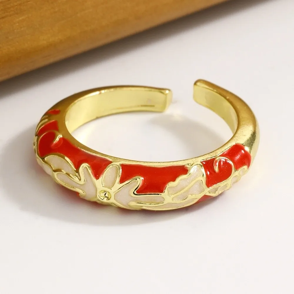 Minimalist Chinese Style Drip Oil Ring Vintage Ethnic Enamel Statement Ring Colorful Adjustable Floral Pattern Ring Wedding
