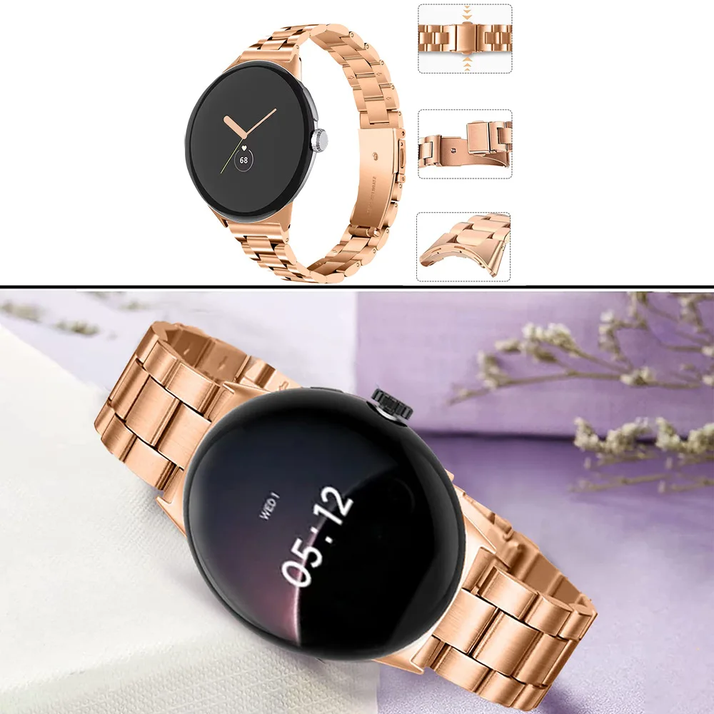 Three-bead Stainless Steel Strap for Google Pixel Watch Series Solid Three-bead Metal Quick-release Strap