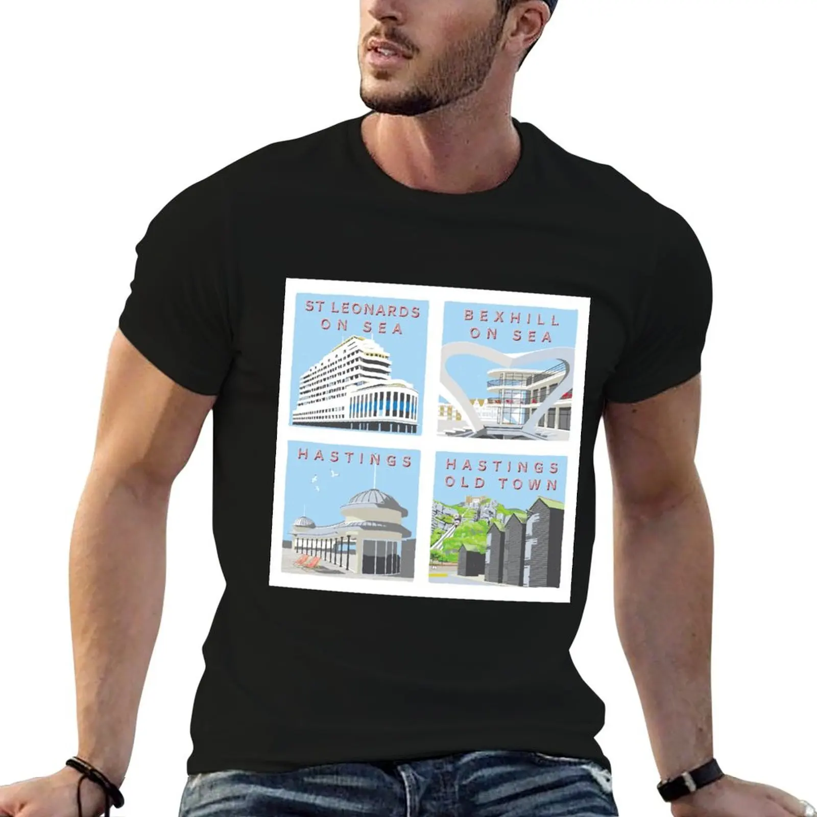 Retro style views of Hastings and St Leonards-On-Sea T-Shirt oversized t shirt plus sizes mens white t shirts