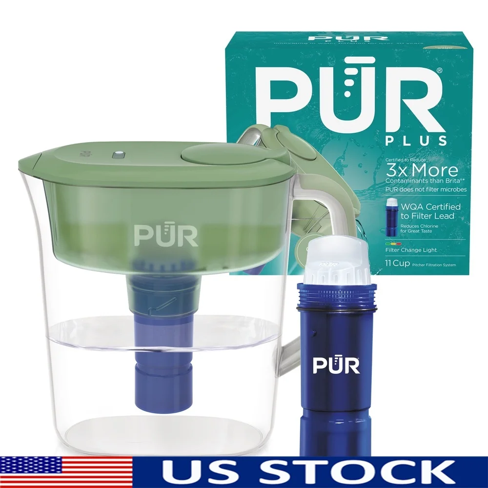 11 Cup Water Pitcher with Lead Reducing Filter Slim Design Dishwasher Safe Comfort Grip Handle LockFit Microplastics Reduction