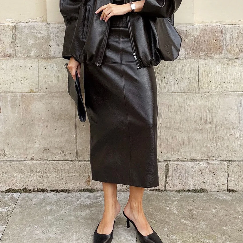PU Leather Midi Skirt Women's Fashion High Waist Slit Pencil Skirts Elegant Evening Dress