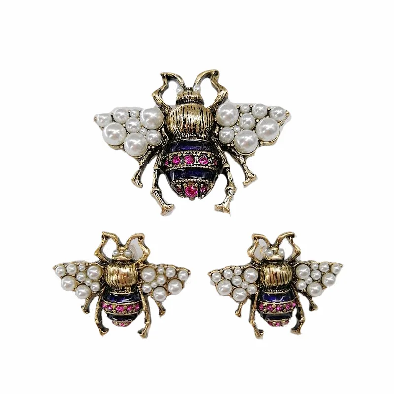 Vintage Women\'s Bee Brooches Made of Vintage Copper Pearls Insect Pins Earrings Decorations Holiday Gifts Wholesale