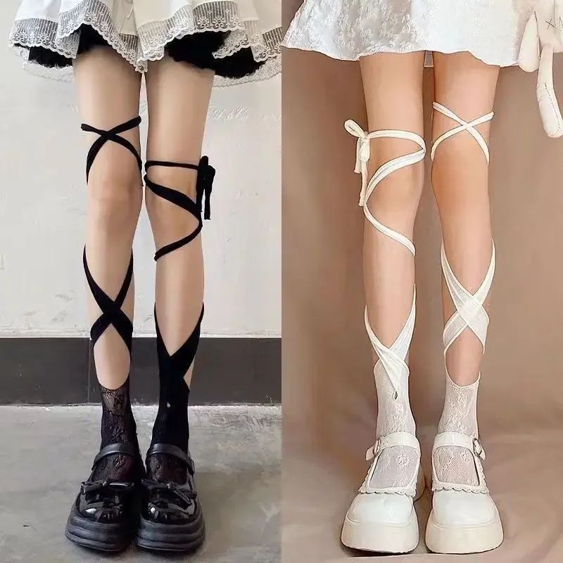 Harajuku Middle Tube Split Toe Socks Women's Strappy Lace Fishnet Stockings Lolita Knee Socks JK Skirt Cross Straps Calf Sock