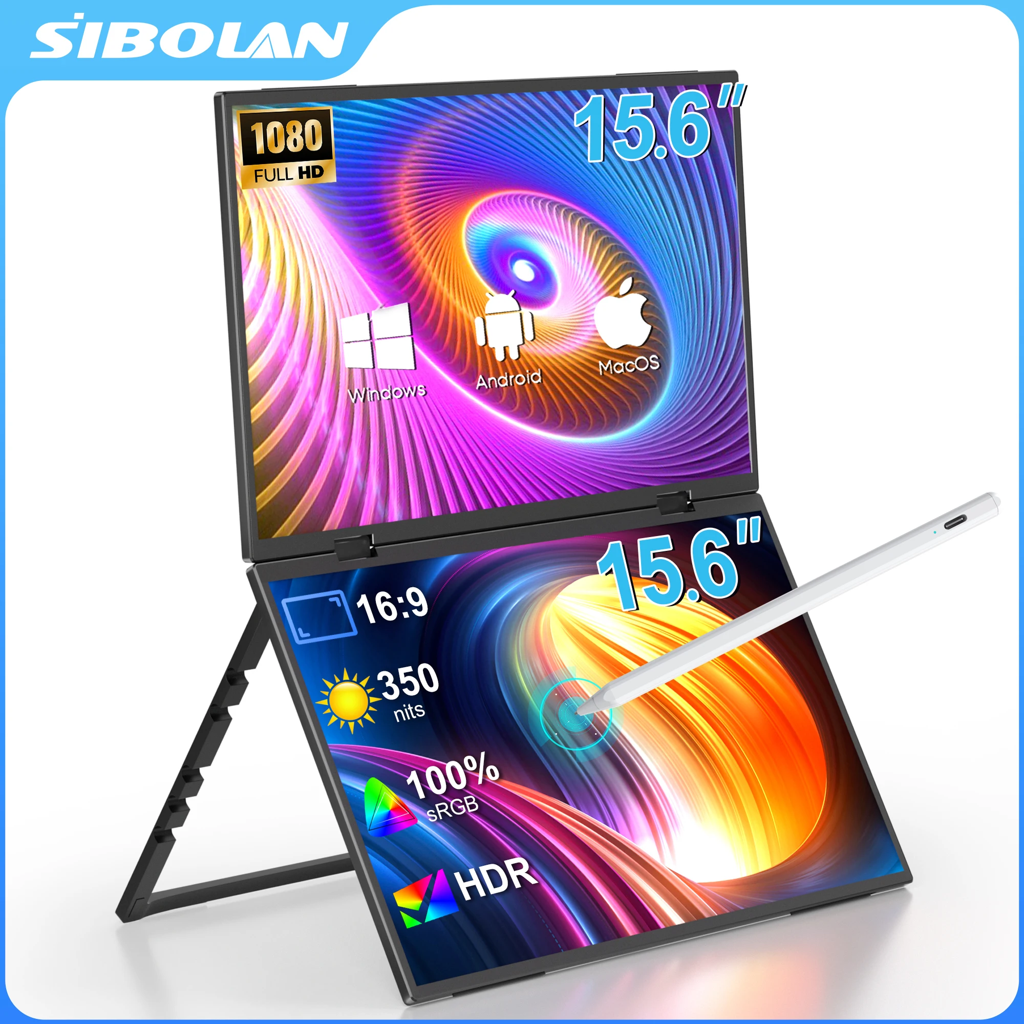 SIBOLAN 15,6 inch draagbare dubbele touchscreenmonitor, optioneel zonder touchscreen, opklapbaar beeldscherm, laptopschermuitbreiding, TYPE-C/HDMI-poort, geschikt voor onderweg