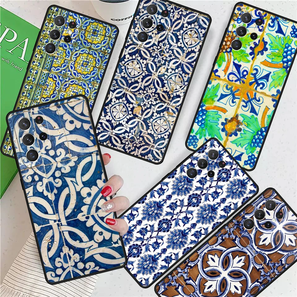 Portuguese Tiles For Samsung Galaxy S24 Ultra S21 S22 S8 S9 S10 5G Note 10 20 Plus FE S23 Phone case Cover Coque