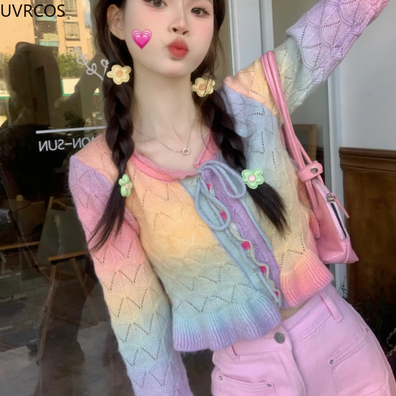 Harajuku Y2k Rainbow Knitted Cardigan Women Kawaii Lace-up Hplloow Out Ruffle Flare Long Sleeve Sweater Coat Casual Knitwear Top