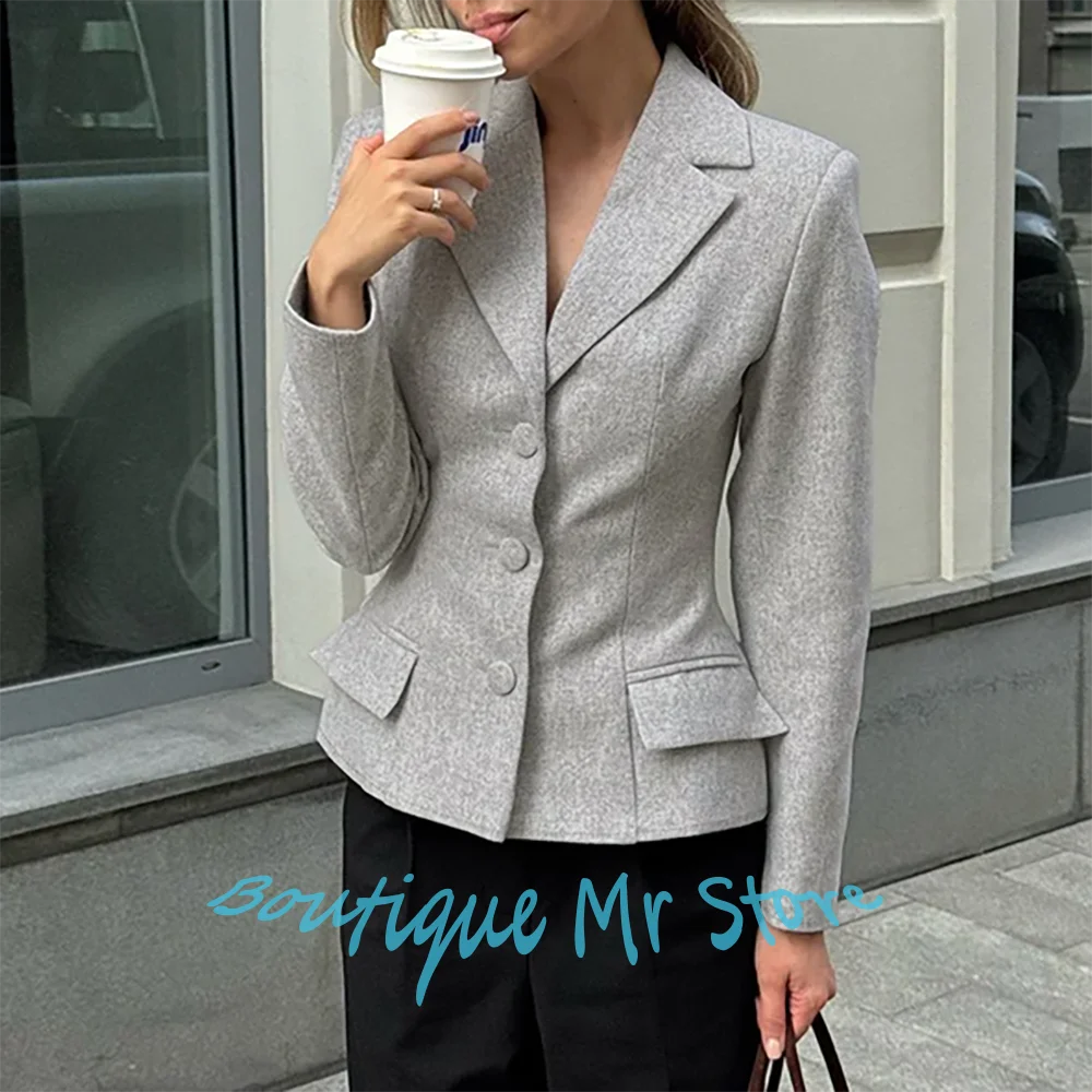 

Облегающие женские серые твидовые костюмы, однобортный комплект из 2 предметов с лацканами (куртка + брюки), профессиональная одежда, офисный блейзер