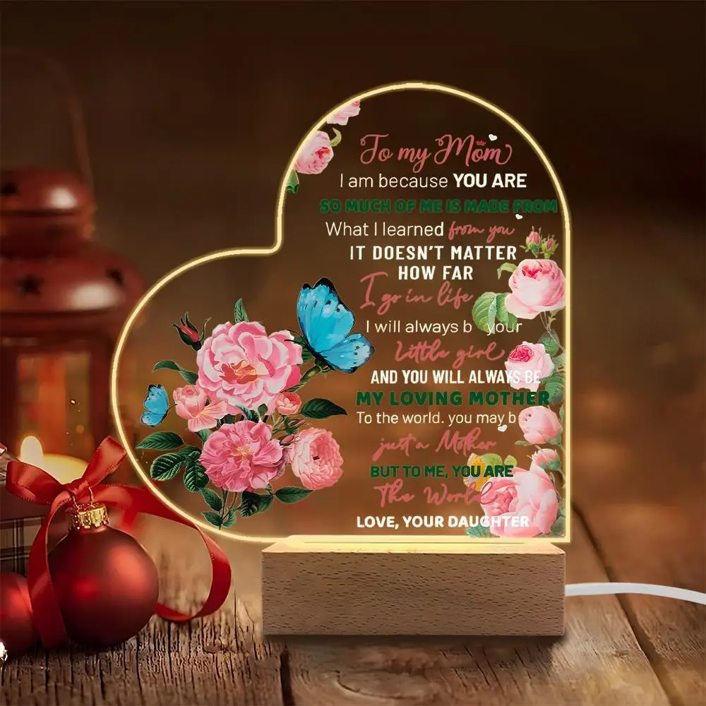 1 قطعة ملحقات التصوير الفوتوغرافي للديكور المتوهج من الأكريليك ، قاعدة خشبية USB ، هدية ابنة أمي ، ديكور زهور الفراشة ، دمى قابلة للجمع