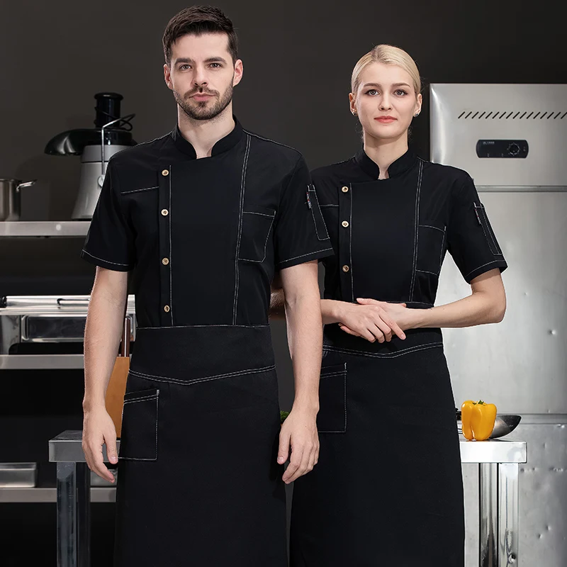 Uniforme de chef manga curta masculino, casaco de cozinha, roupa de trabalho preta, jaqueta respirável, shorts verão, restaurante, cinza