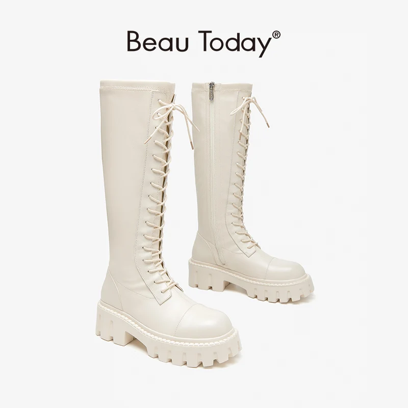 BeauToday Casual Long Boots Women Round Toe Jagged Outsole Lace Up Over Knee Platform Spring Autumn Ladies Shoes Handmade 01595