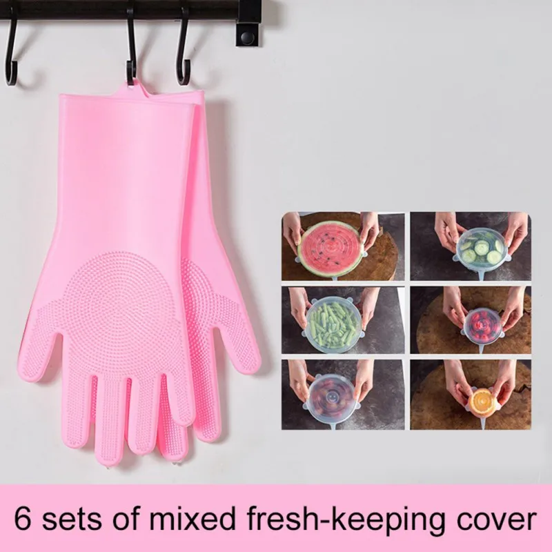 1 par cozinha silicone luvas de limpeza de borracha esponja luva purificador doméstico cozinha limpa ferramentas lavar louça luvas