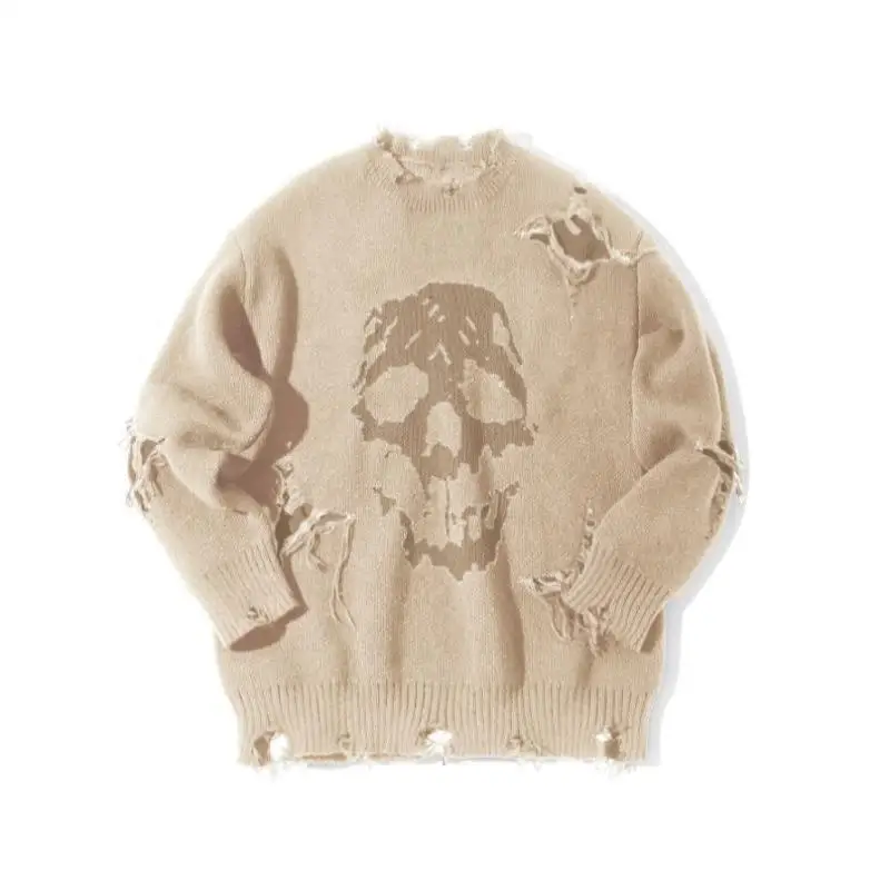 

loween Skull Ripped Sweater Trendy Polyester Crew Thiened Nine-Quarter Sve Collar Women's Ciwalk Knitted Sweater