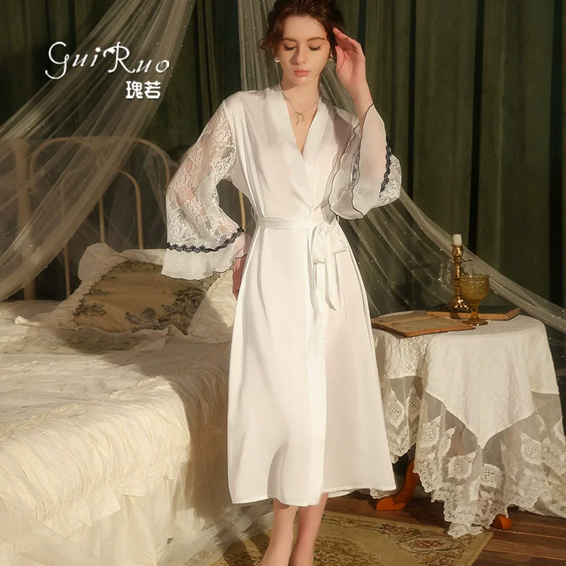 

Robe Bride Wedding Party Dress 2025 New Women Satin Lingerie Mariage Kimono Mesh Panel Satin Long Vestidos De Novia