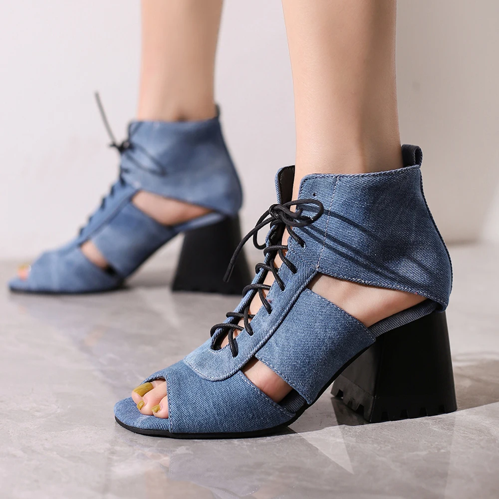 Fashion Peep Toe Ankle Boots For Women Sandals Shoe Sexy Denim High Heels Platform 2023 Summer Women Leopard Lace Up Shoes 41 42