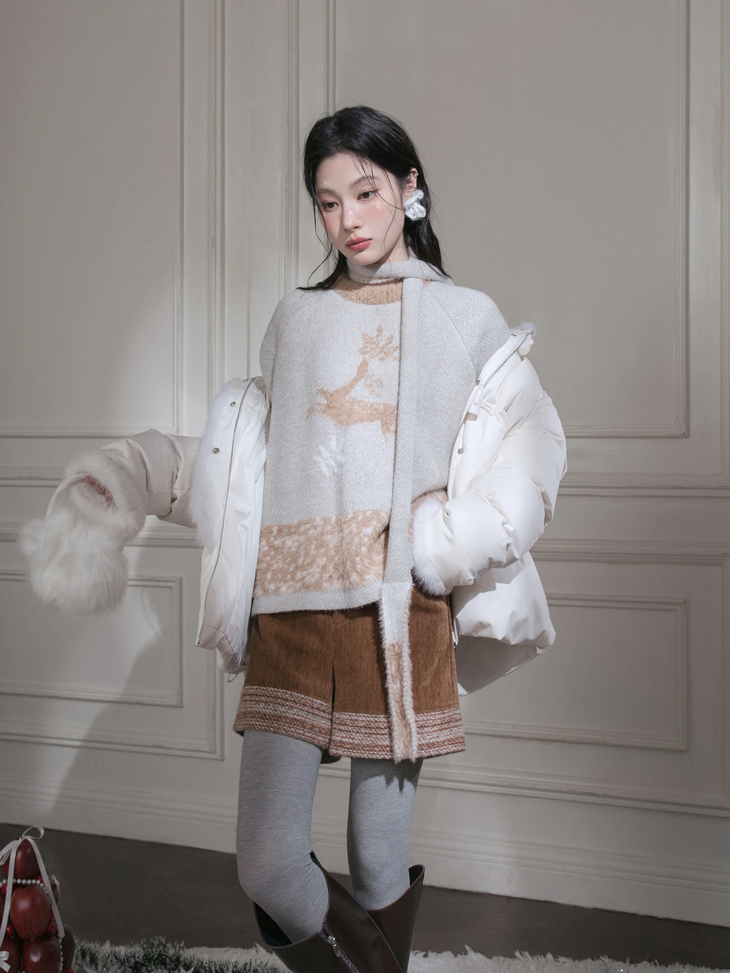 

i ey Wolf Deer Fairy T Knitted Sweater with Fur Pattern Soft Long Sve round Ne Thi Winter Women's Top