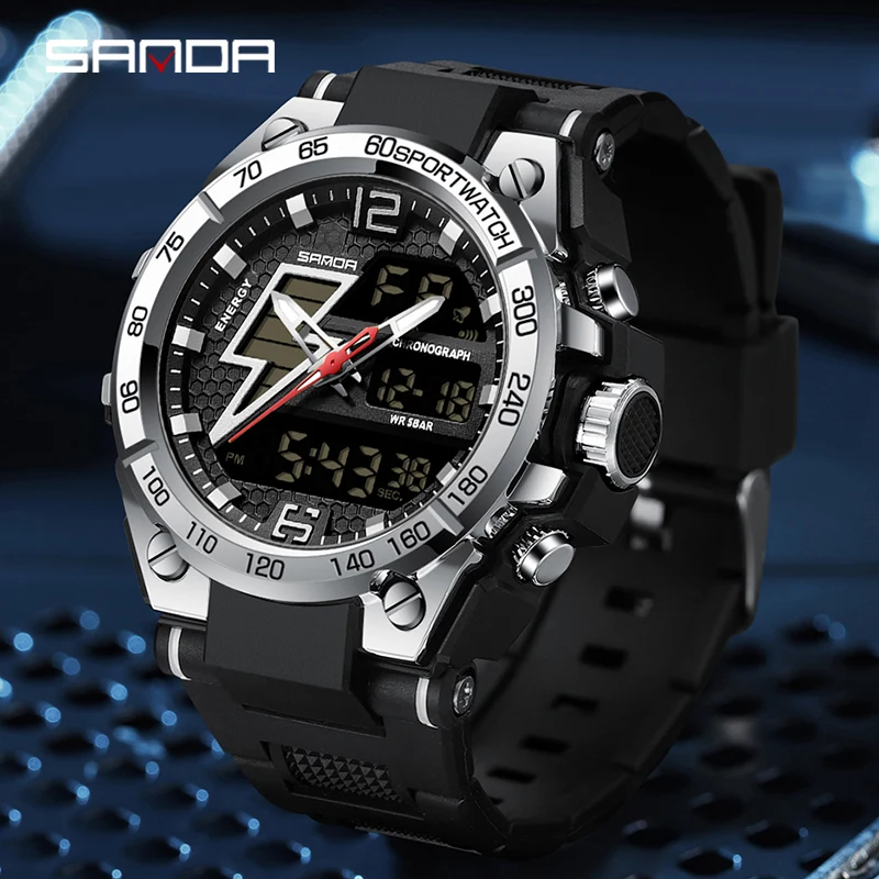 SANDA G Style Trendy Fashion Men\'s LED Analog Digital Alarm Wrist Watches 50M Waterproof Outdoor Sports Chronograph Quartz Clock