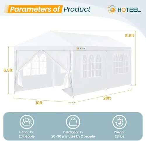 10x20FT Party Tent Outdoor Large Canopy for 20-30 People, White | Event Tent, 6 Removable Sidewalls, 2 Zipper Doors, 12