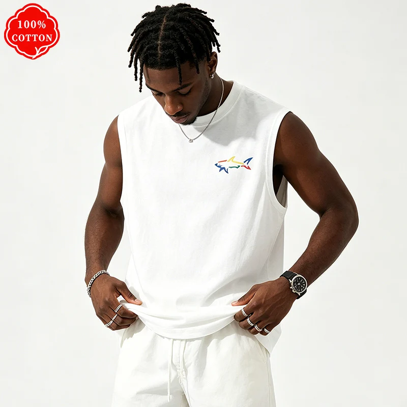 100% cotton men's summer sleeveless top Minimal Color Ocean Animal Outline Print Casual Oversized Tank Top Workout Vest-H24