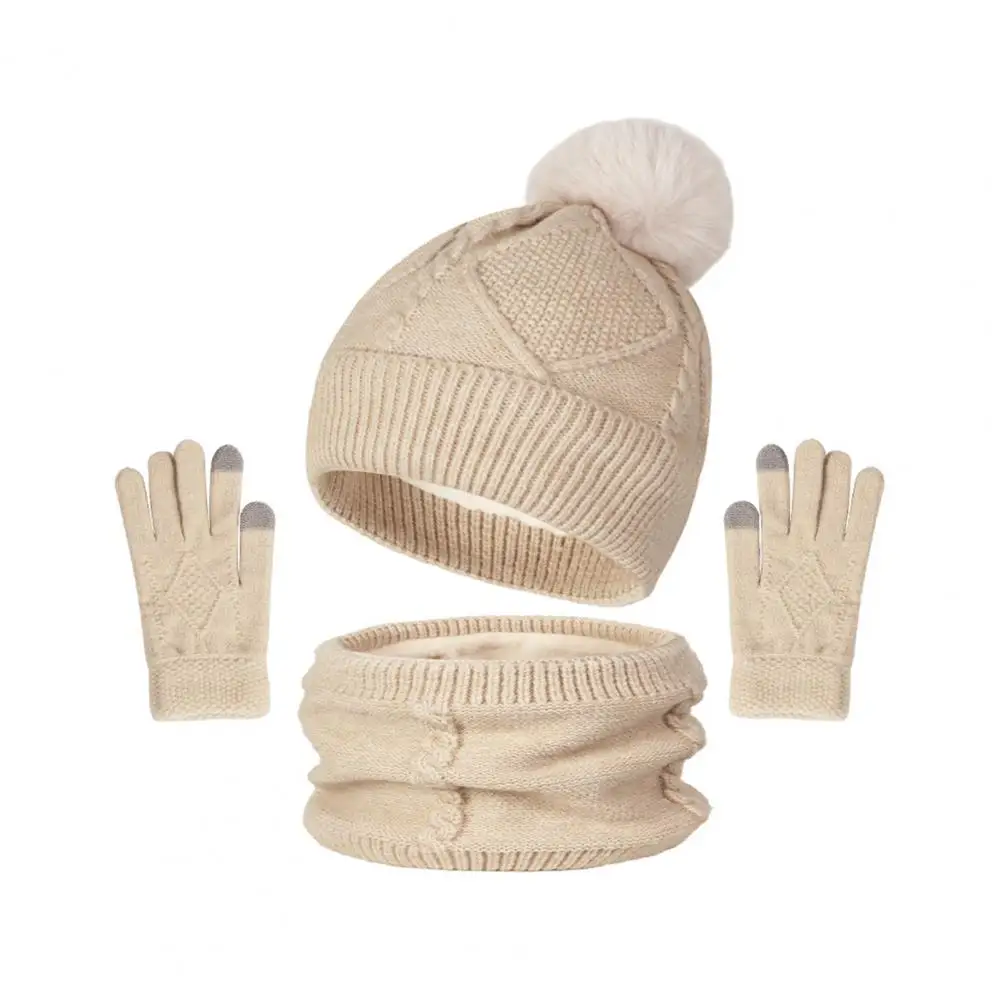 Winter Hat Scarf Glove Combo 3pcs Women Winter Accessories Set Thickened Plush Lining Hat Twist Texture Scarf Warm for Weather