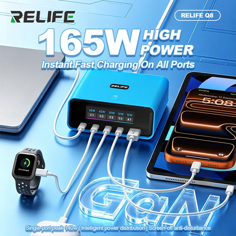 RELIFE Q8 165w Full-port Fast Charging Tool for Mobile Phone Gan Technology Intelligent Multi Device Ultra-fast Charger