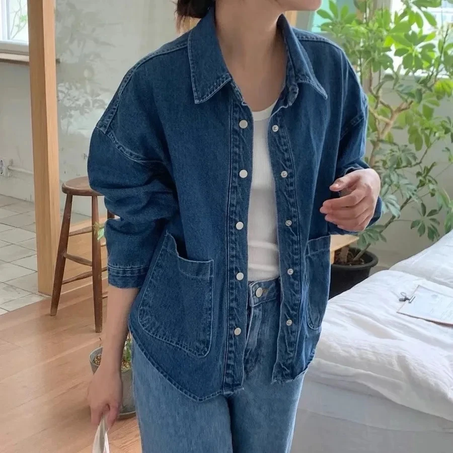 

Fashion Loose Long Sleeve Polo Collar Denim Shirt Jacket Women's Spring Korean Retro Single Button Cardigan Basic Coat