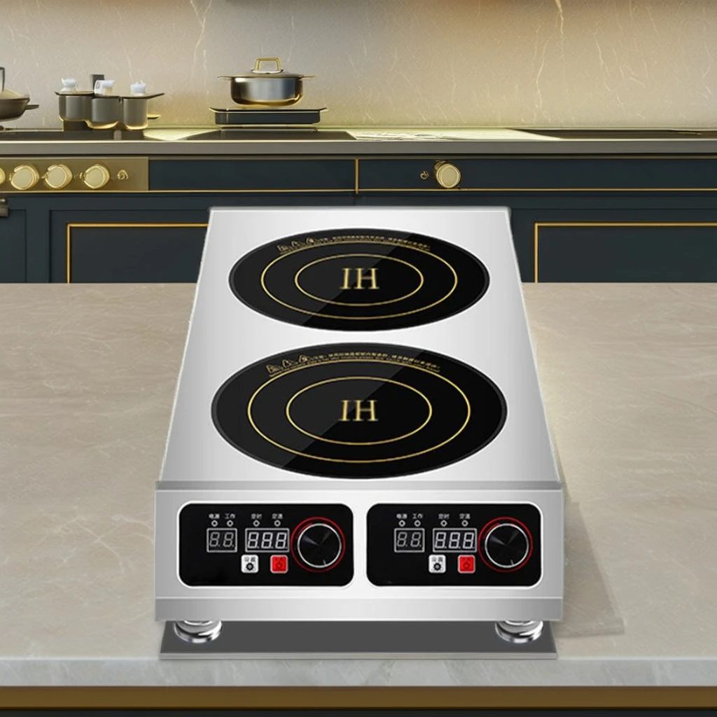 7000 W Double Furnace Commercial Induction Cooker 2 Burners Stainless Steel Housing for Household Hotel Use Electric Power