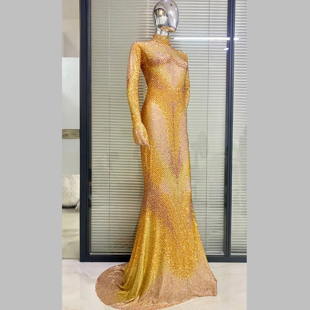 Customized Gold Color Women Long Sleeve Rhinestones Shinning Elegant Evening Party Floor-Length Dress Singer Performance Costume