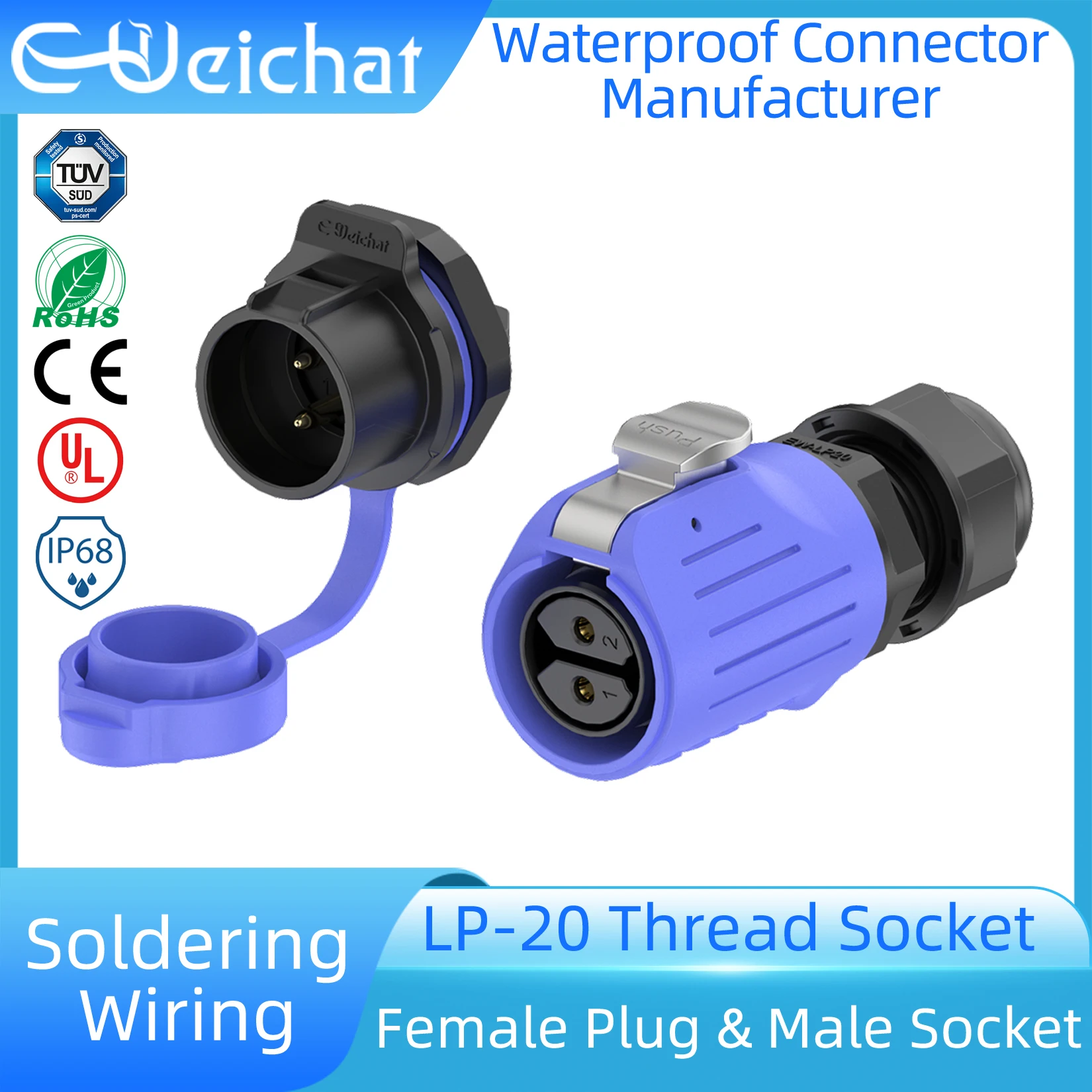 

LP20 IP68 Waterproof Connector 2-14 Pin Blue PBT Female Plug + Thread Socket Aviation Industrial Circular Electrical Connector