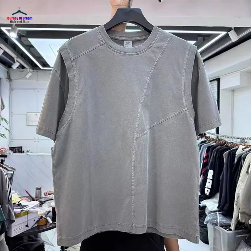 

Summer Minimalist Highest Quality O-neck American Y-shaped Patchwork Retro T-shirt Cotton Loose Casual Short-sleeved T-shirt
