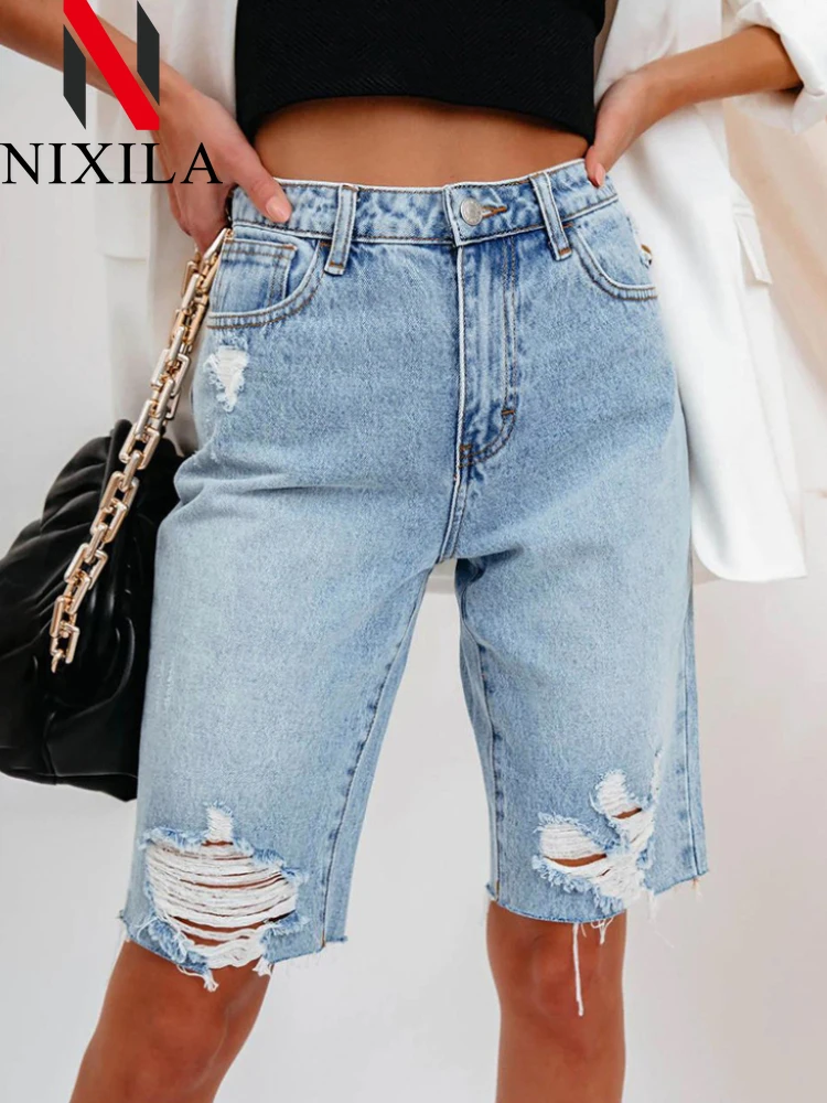 New in Summer High Waisted Elasticity Pants Small Footed Jeans Women's Five-Pointed Hole Ripped Jeans for Women Fashion Clothing