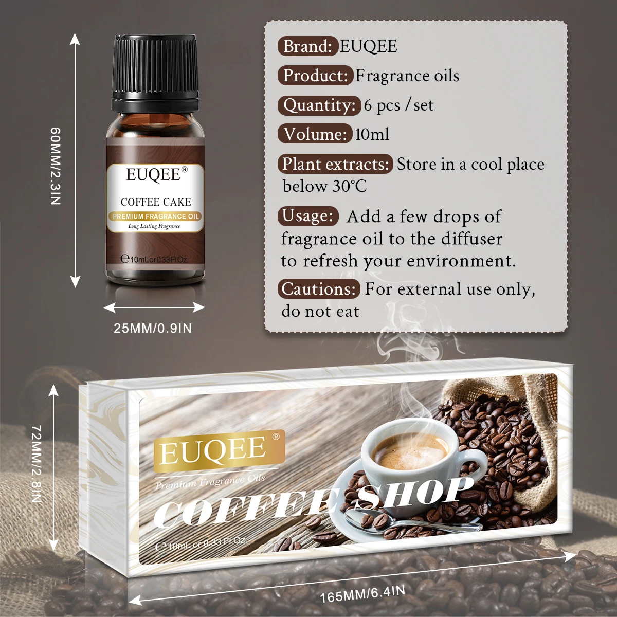 EUQEE 6PCS Coffee Shop Fragrance Oils Gift Set  - Coffee, Coffee Cake, Chocolate, Coconut Cream, Coconut & Vanilla, Black Opiumm