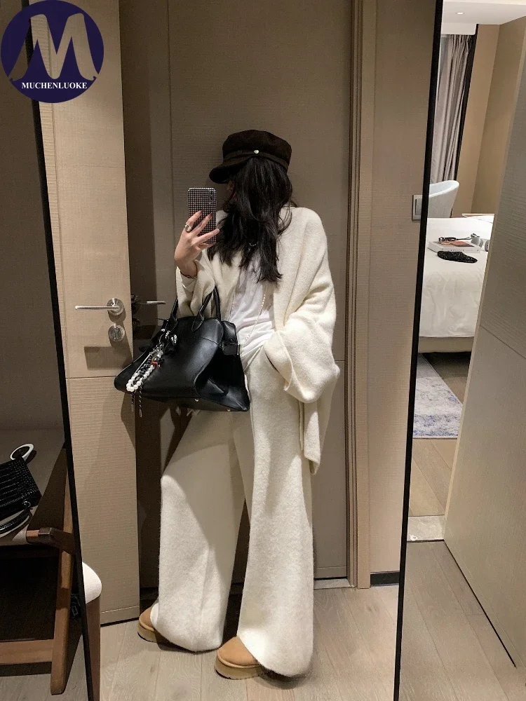 

Женский комплект из 2 предметов, осенне-зимний вязаный свитер в ленивом стиле и свободные брюки с эластичной резинкой на талии, модный повседневный теплый наряд