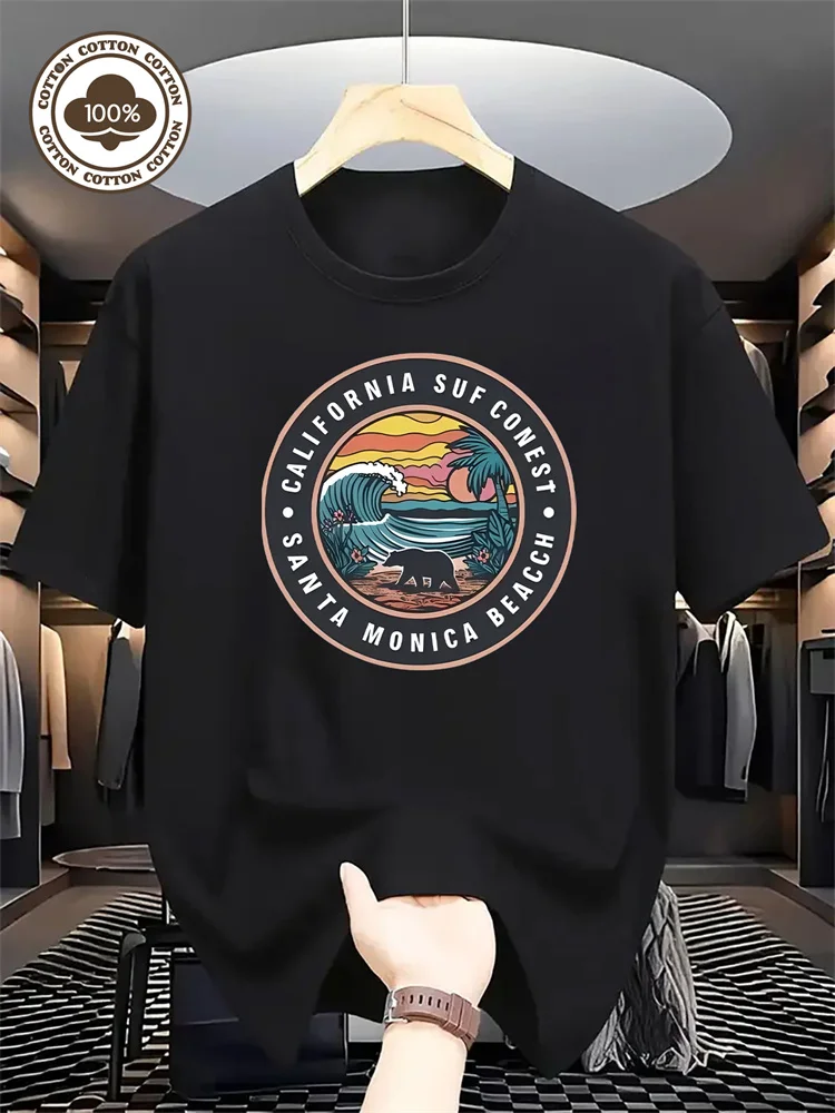 الرجال القطن الخالص قصيرة الأكمام كاليفورنيا تصفح المنافسة سانتا مونيكا الشاطئ نمط تي شيرت مطبوع للاستخدام في الهواء الطلق S-2XL