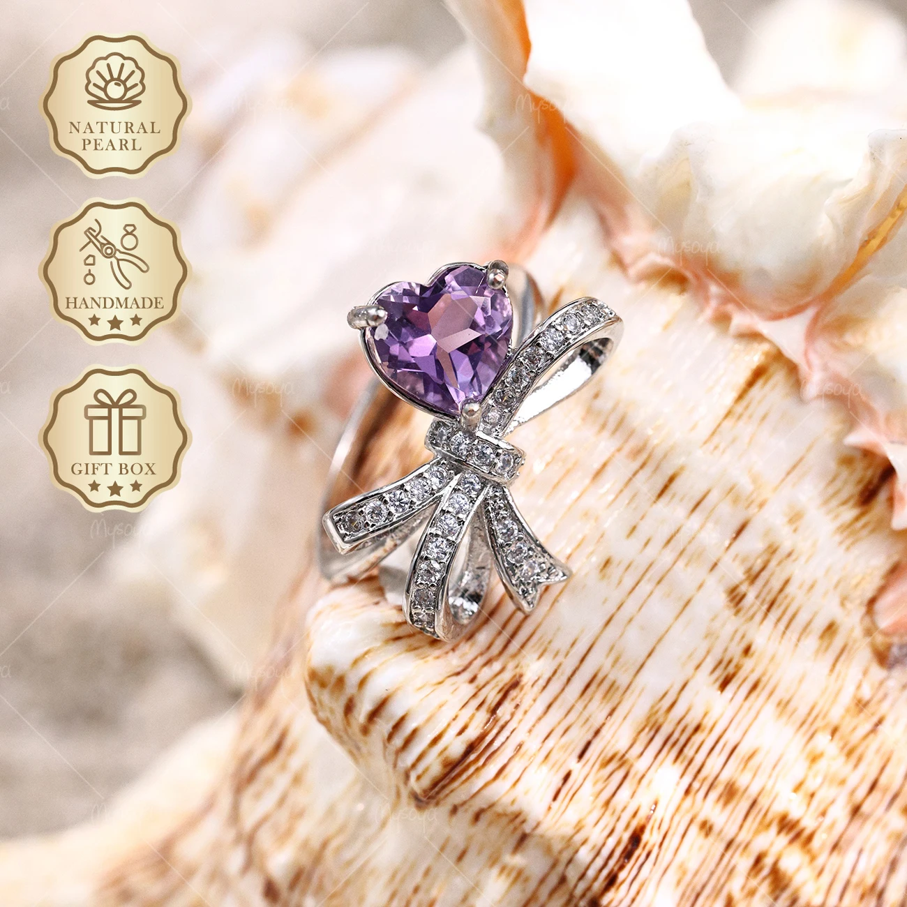 

Mysoya Silver Plated Large Bow Ring Natural Amethyst 8mm 1.56ct Gift Box Valentine’s Day Birthday Gift For Her