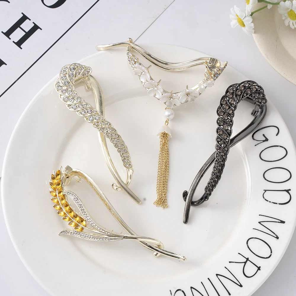 Rhinestone Tassel Hair Claw Clip Bun Women Flower Hairpin Headwear Hairgrip Metal Barrette Banana Twist Hair Accessories Jewelry