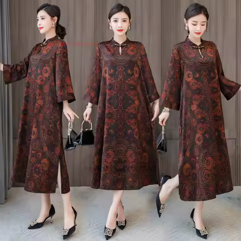 2026 traditional chinese dress cheongsam improved qipao national flower print satin dress oriental retro banquet evening dress