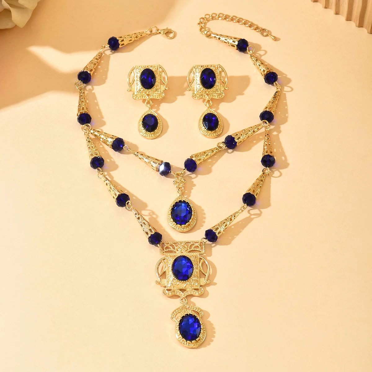 Vestido de casamento marroquino, joias artesanais, vermelho, azul, pedra preciosa, colar, brincos, banhado a ouro, kaftan, acessórios de noiva