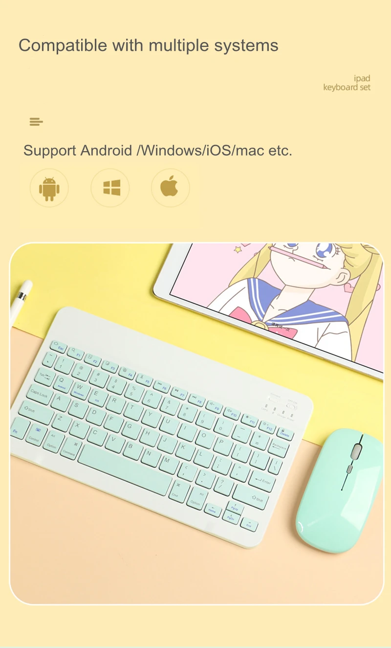 Bezprzewodowa klawiatura Bluetooth zestaw myszy akumulator Tablet do laptopa telefon iPad Samsung iOS Android Windows zielony biały czarny
