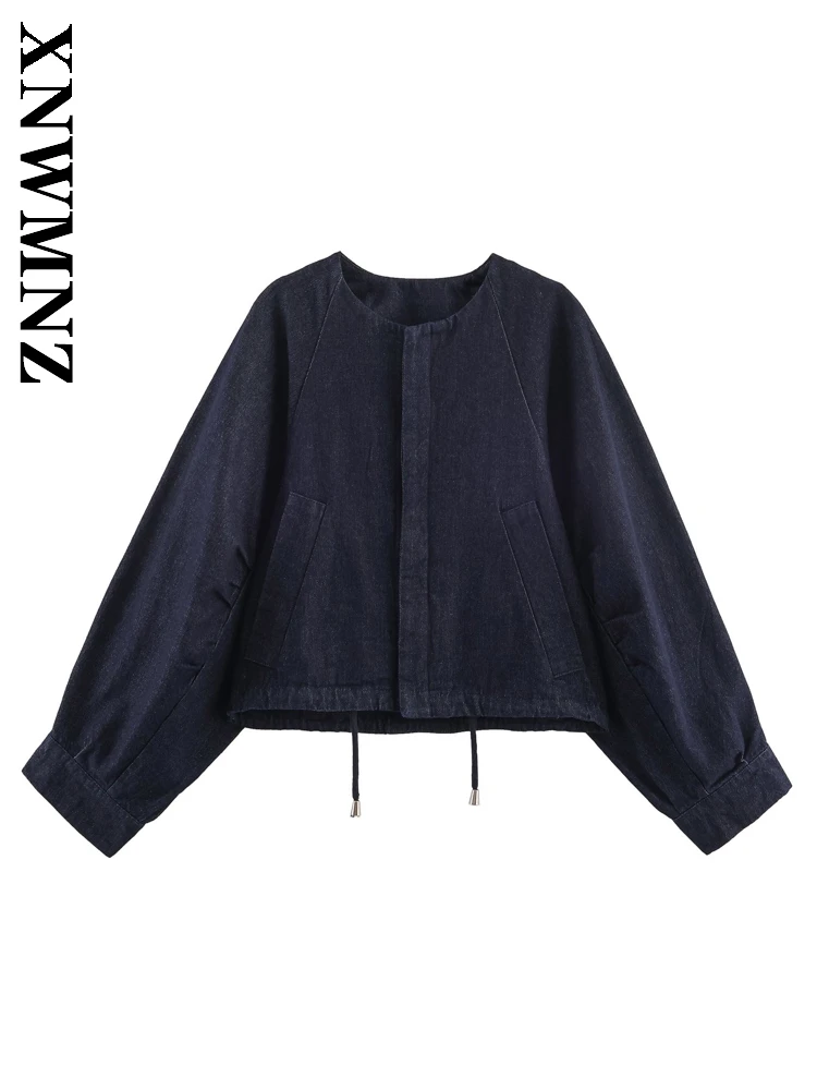 

XNWMNZ 2025 Autumn New Woman Vintage Simple O-Collar Long Sleeve Denim Denim Jacket Commuting Casual Lady Blue Coat zipper