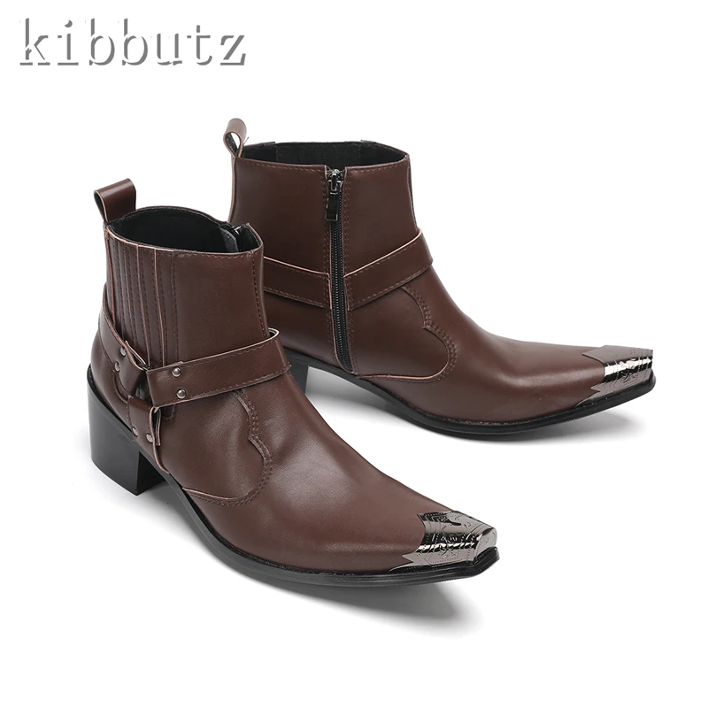 

Men New Brown Business Boots Genuine Leather Metal Pointed Toe Chelsea Boots Wedding Formal Dress Shoes