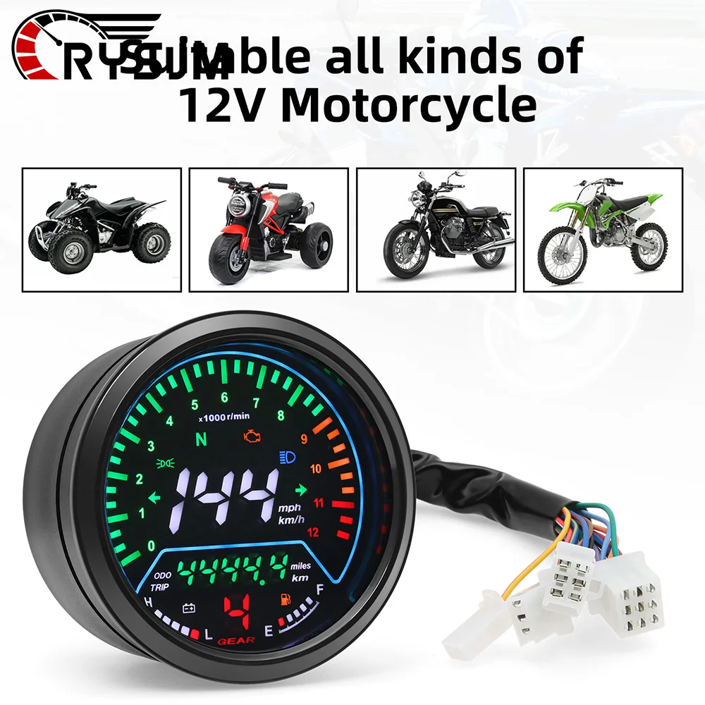 SS 12V Motorcycle Instrument Speedometer Multifunctional Digital Dashboard Meter 0~12000R/Min Tachometer with Gear Voltage Meter