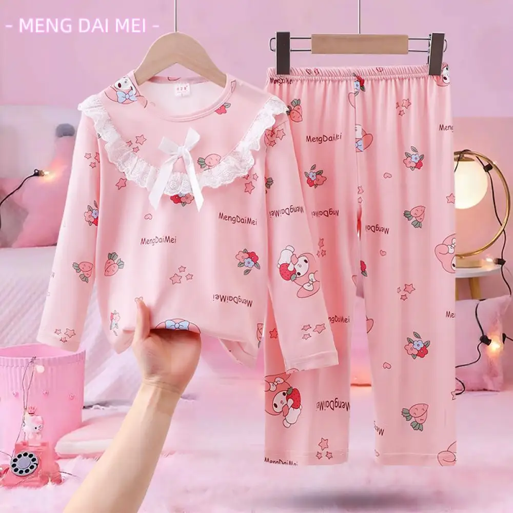 

2Pcs Kuromi My Melody Children Pajamas Kawaii Cartoon Sanrios Anime Summer Simple Leisure Girls Cute Print Round Neck Homewear