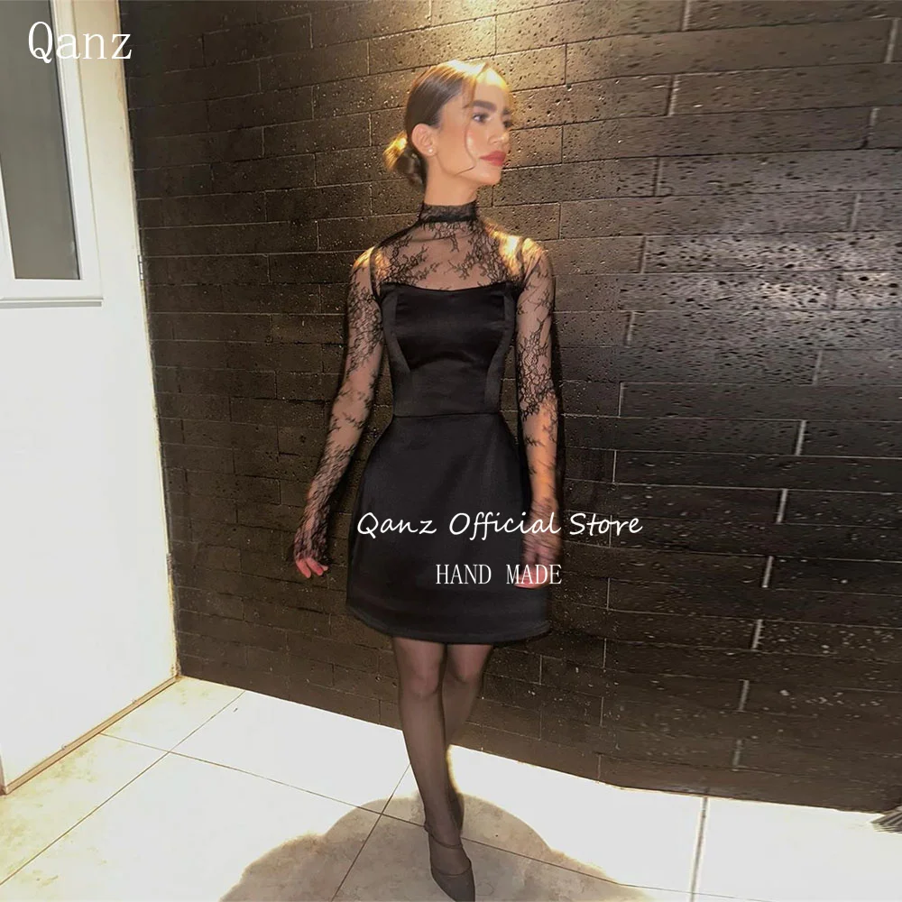 

Qanz Short Prom Dresses Long Sleeves High Neck Cocktail Dresses Customized A Line Satin Vestidos Para Mujer Elegantes Fiesta