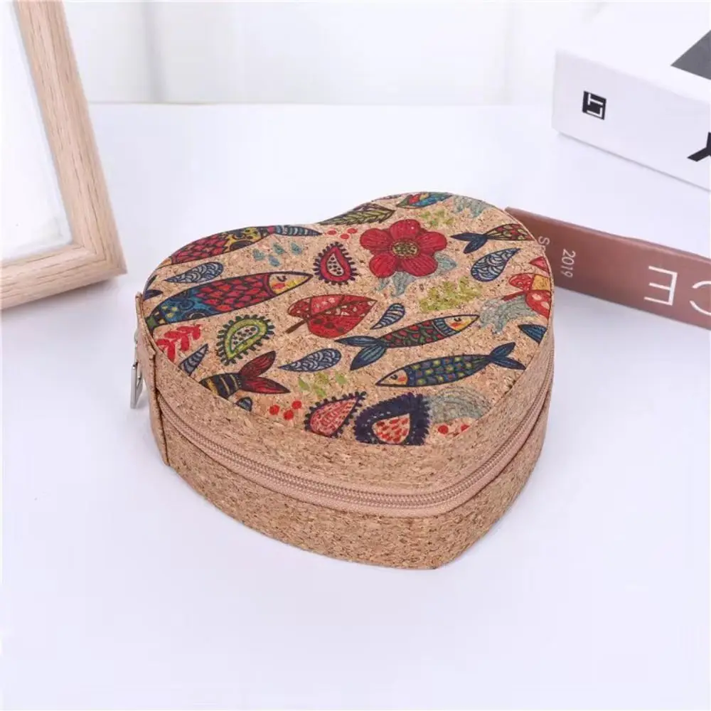 Fashion Zipper Heart Shaped Jewelry Box Vintage Bohemia Ring Earrings Organizer Portable Flowers Cork Jewelry Storage Case Women